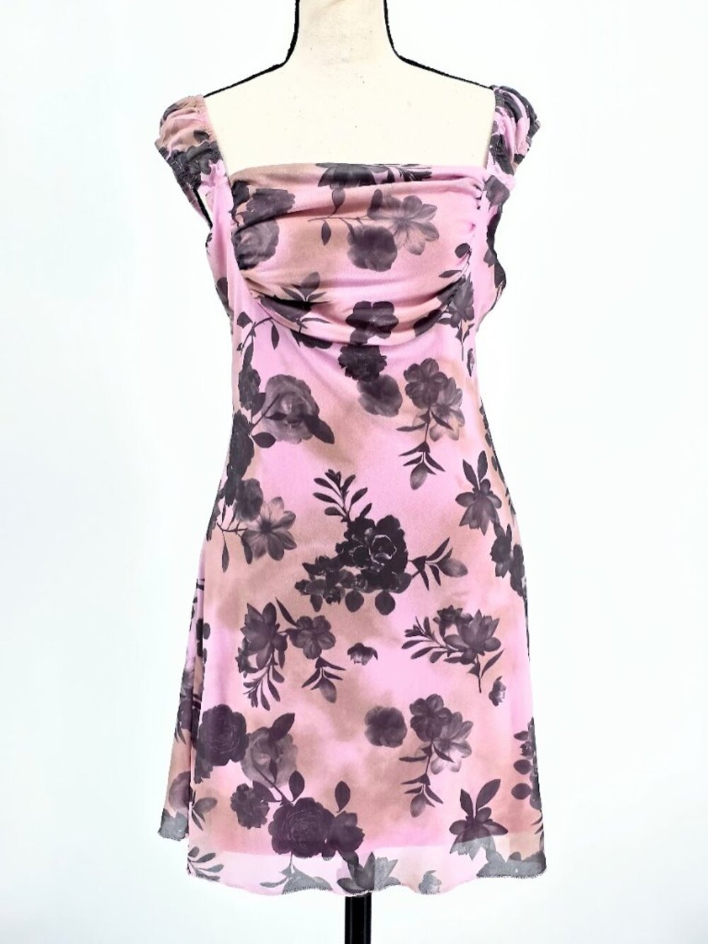 Stitch & Pine Pink Floral Mesh Maxi Dress Size S Y2K Cowl Neck Milkmaid